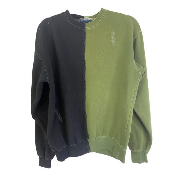 La Detresse Half & Half Pullover Sweatshirt Crew Neck Green Black Size Small - Picture 4 of 11